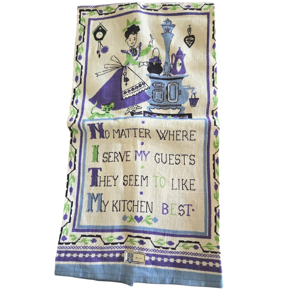 Vintage Belgian Linen Tea  Dish Towel Kitchen Poem Teapots Teapots
